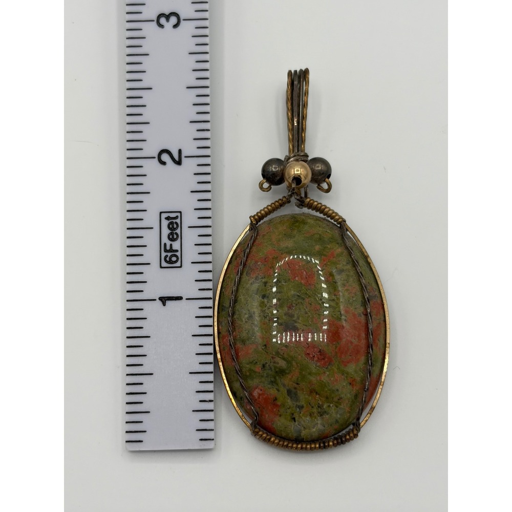 Handmade Wire Wrapped Unakite Jasper Pendant Oval Green Pink Earthy Artisan - Picture 3 of 3